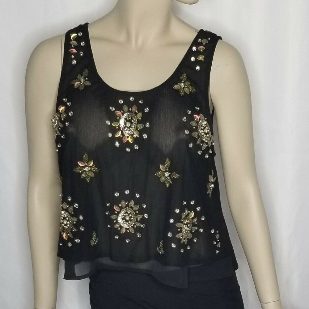 Topshop Black Sheer Floral Beaded Sleeves Top Size 10